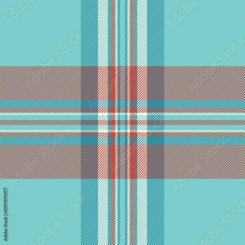 Real textile tartan pattern, grid texture seamless fabric. List background plaid vector check in teal and red colors.