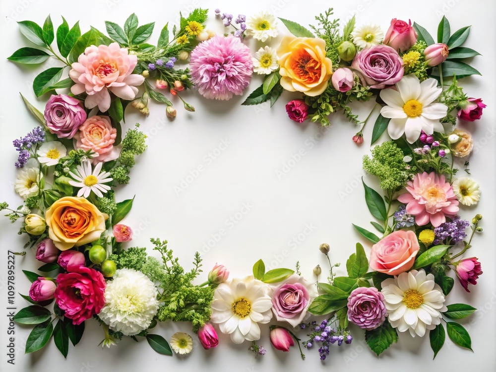 Fototapeta premium Horizontal Floral Frame for Elegant Wedding Invitation Card Design on a Clean White Background Featuring Vibrant Blooms and Lush Greenery to Enhance Romantic Aesthetics