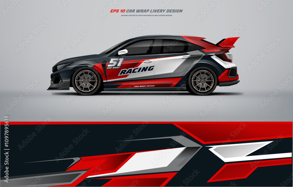 Fototapeta premium Racing Car branding mockup with racing wrap decal or livery design, Hatchback wrap design 