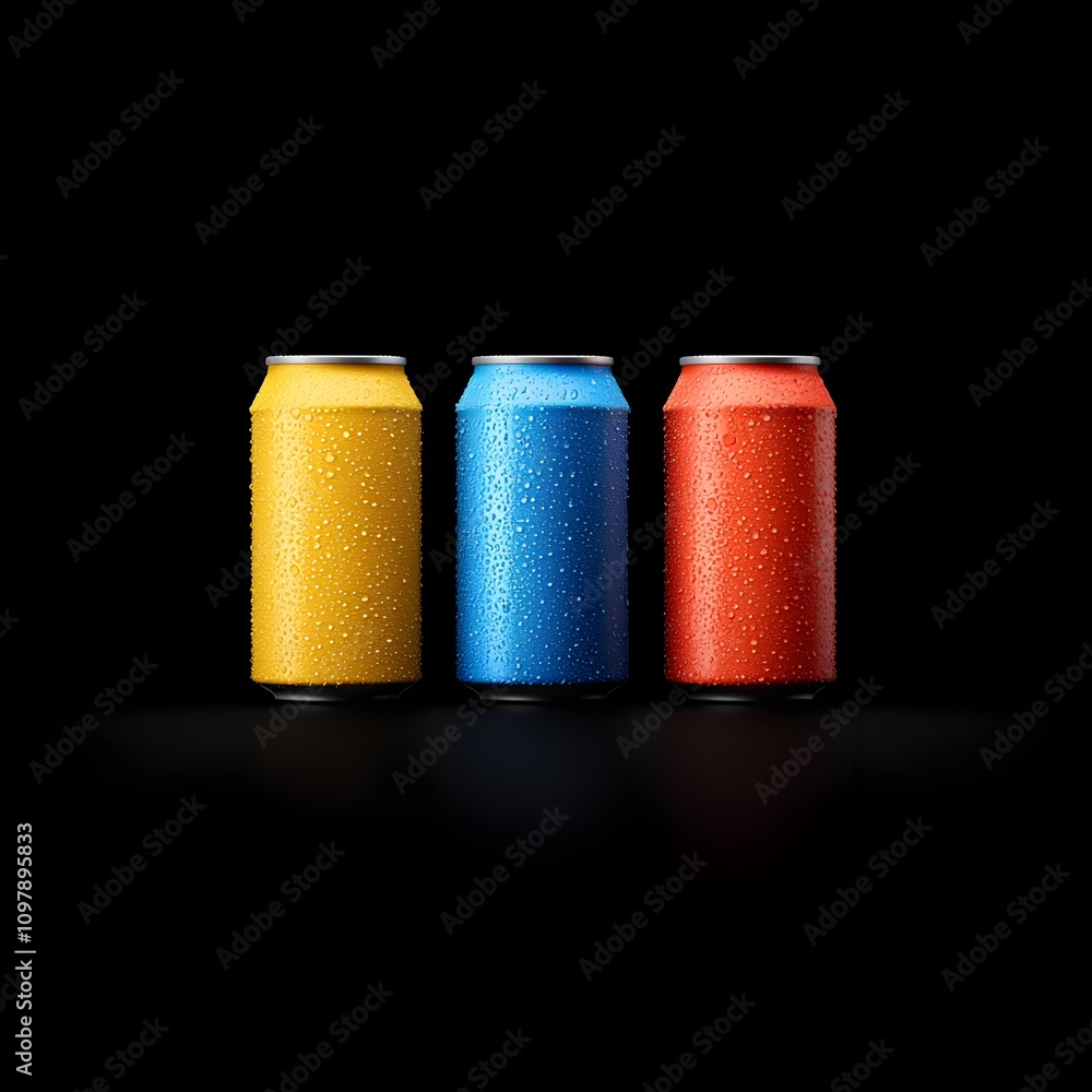 Colorful beverage cans with condensation on a black background Colorful beverage cans with condensation on a black background