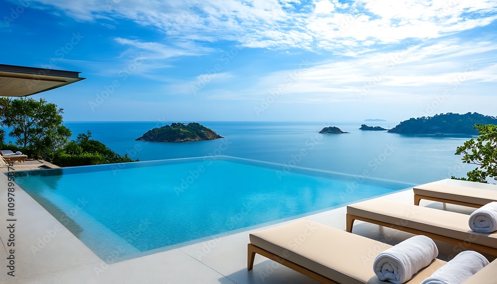 Fototapeta premium A serene infinity pool overlooking the ocean and islands under a clear blue sky.