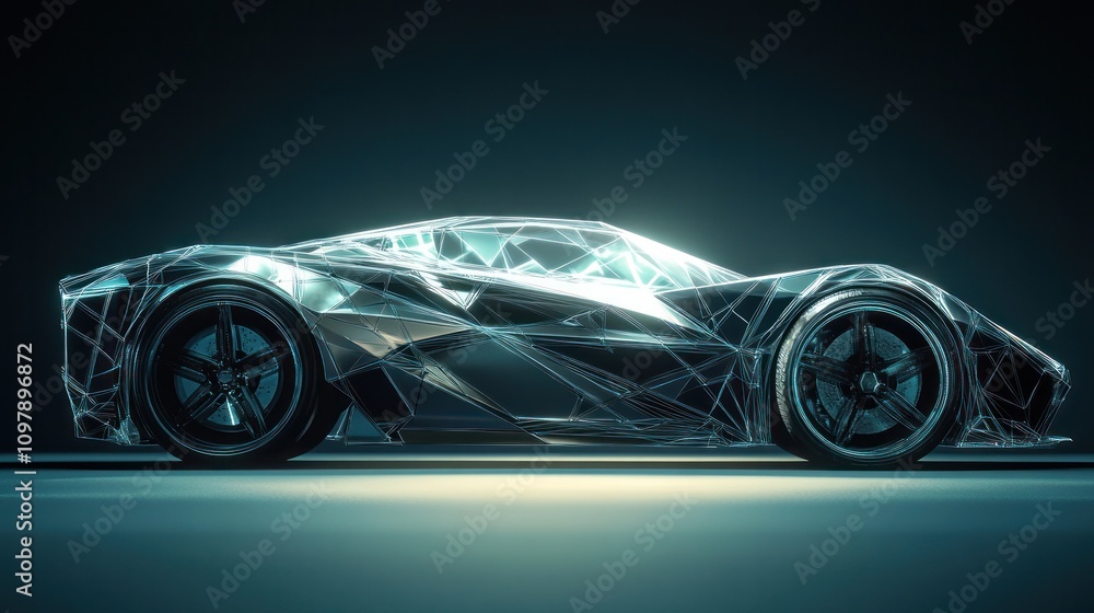 Fototapeta premium A digitally rendered abstract car design, composed of geometric shapes and flowing lines,