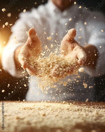 Chef showcasing flour in a dynamic cooking motion photo