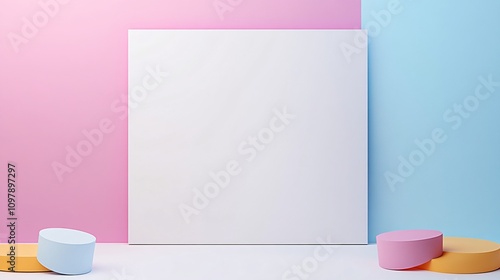 Bright studio space features blank canvas against colorful pastel backdrop. Generative AI