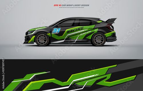 Sporty Car wrap livery design with elegant racing line theme with green color combination	