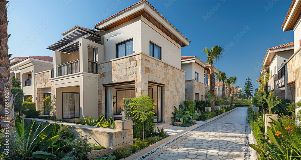 High end residential area, villa facade, overlooking angle, sunny day, blue sky, beige wall stone wall building, front view of two-story luxury townhouse, green plant. High end residential area, villa facade, overlooking angle, sunny day, blue sky, beige wall stone wall building, front view of two-story luxury townhouse, green plant.