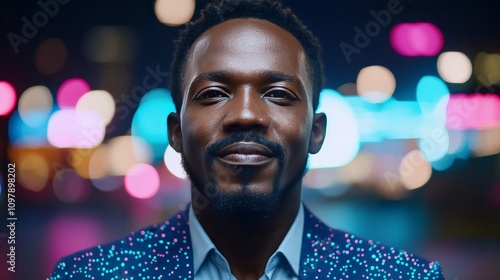 Vibrant portrait of a confident Black man in a suit with bokeh lights in the background blending professional elegance with a celebratory and contemporary vibe photo