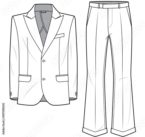 mens retro suit set flat sketch vector illustration technical cad drawing template