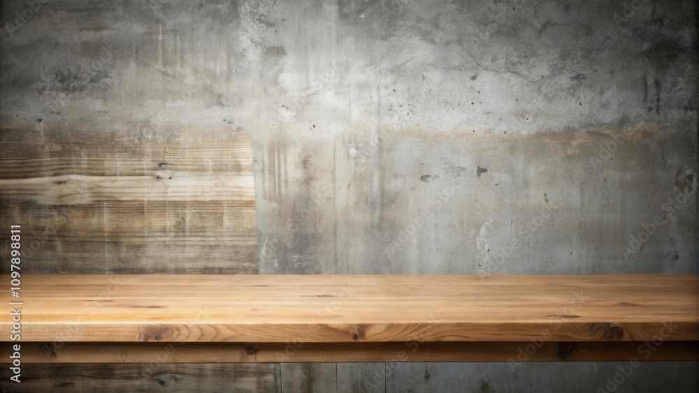 Rustic wooden countertop with concrete wall backdrop, perfect for showcasing products or creating a visually appealing display Rustic wooden countertop with concrete wall backdrop, perfect for showcasing products or creating a visually appealing display