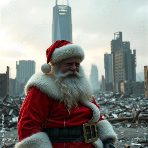 an injured Santa Claus without strength and in disappointingly giving up bad mood in a fictional apocalyptic city with destroyed buildings and ruins of an abandoned city.