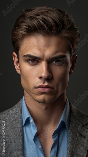 Realistic studio portrait of a handsome young man with a serious expression and a sharp gaze - genrative ai