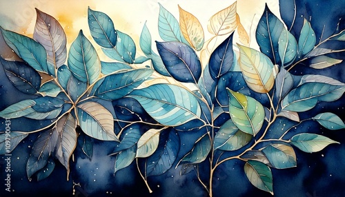 葉、水彩、青、自然、テクスチャ、植物、抽象的、デザイン、エレガント、グラデーション、アート、背景、装飾、柔らかい、爽やか  