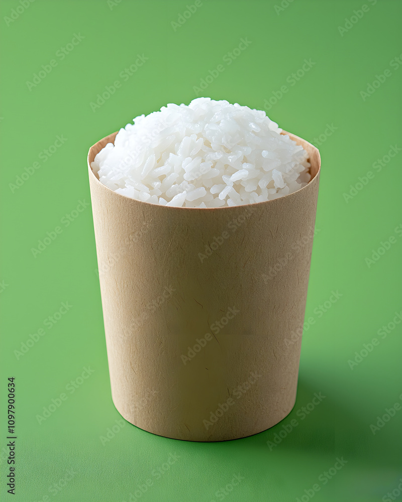 Steaming bowl of white rice in eco-friendly container Steaming bowl of white rice in eco-friendly container