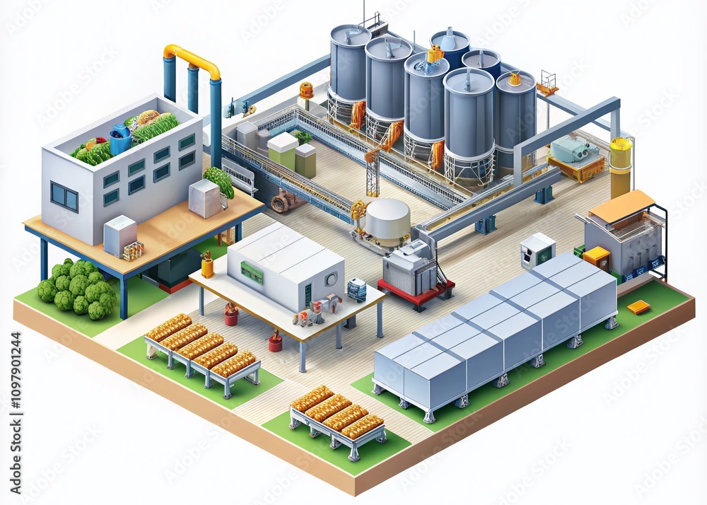 Isometric Design of a Food Plant with High Depth of Field for Industrial Distribution Simulation Showcasing Efficient Layout and Process Flow in a Modern Facility Isometric Design of a Food Plant with High Depth of Field for Industrial Distribution Simulation Showcasing Efficient Layout and Process Flow in a Modern Facility
