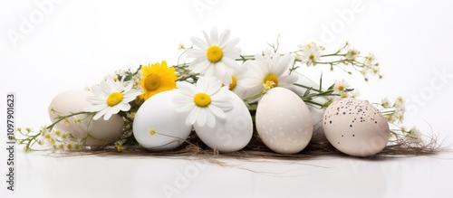 Easter eggs surrounded by daisy flowers and green plant branches on a bright white background for spring celebration imagery photo