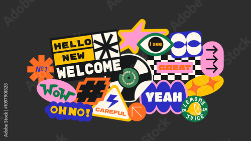 Futuristic y2k patches, labels, tags, stickers, bracelet stamps in retro style. Cartoon stickers in funky hipster groovy grunge 90s style. Vector set, trendy promo labels