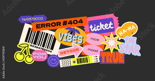 Futuristic y2k patches, labels, tags, stickers, bracelet stamps in retro style. Cartoon stickers in funky hipster groovy grunge 90s style. Vector set, trendy promo labels
