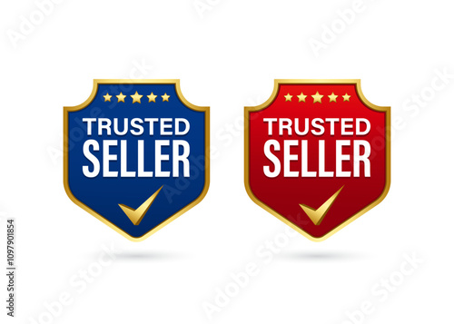 Set of trusted seller shield logo label badge in blue and red color gradient with gold check mark and stars. Vector design for verified product, best seller product or marketing promotion.