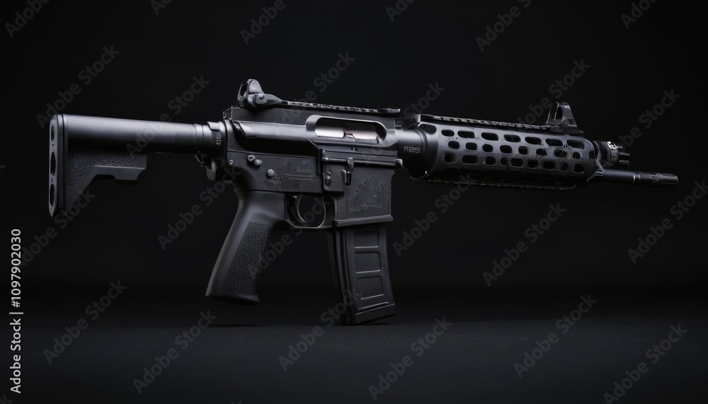 A sleek modern firearm displayed on a dark background, showcasing its intricate design and finish A sleek modern firearm displayed on a dark background, showcasing its intricate design and finish