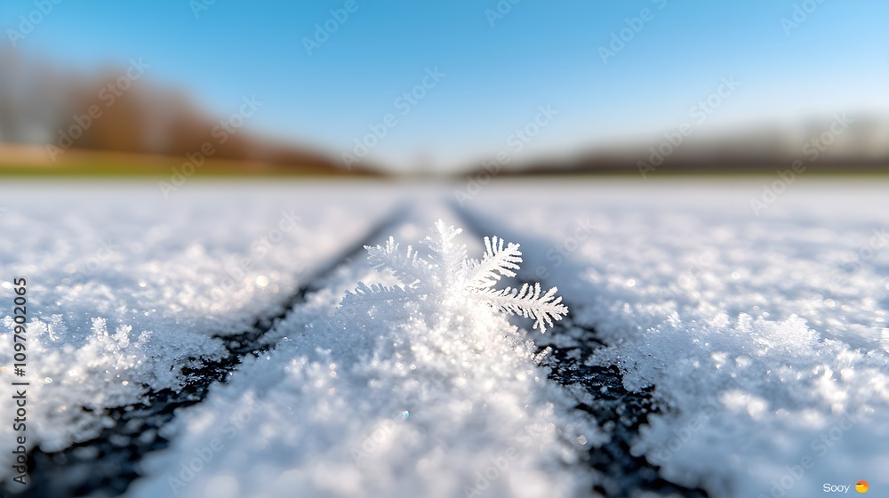 Snowflake resting on a snowy road with clear blue sky Snowflake resting on a snowy road with clear blue sky