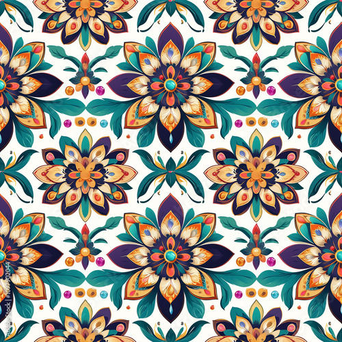 Vibrant flower pattern with intricate details and rich colors for textiles and decor