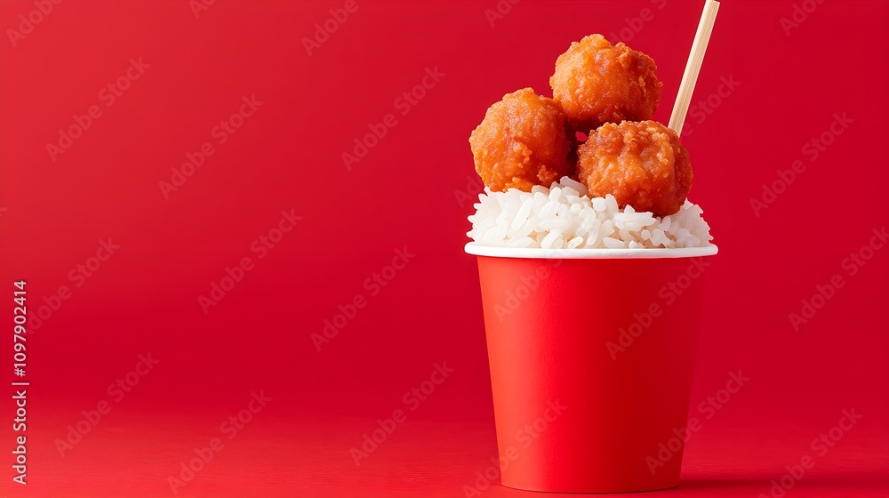 Delicious chicken bites served over fluffy rice in a red cup Delicious chicken bites served over fluffy rice in a red cup