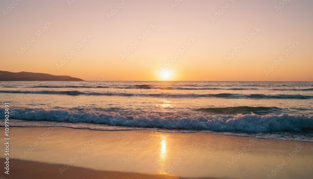 A tranquil beach at sunset with gentle waves lapping at the shore A tranquil beach at sunset with gentle waves lapping at the shore