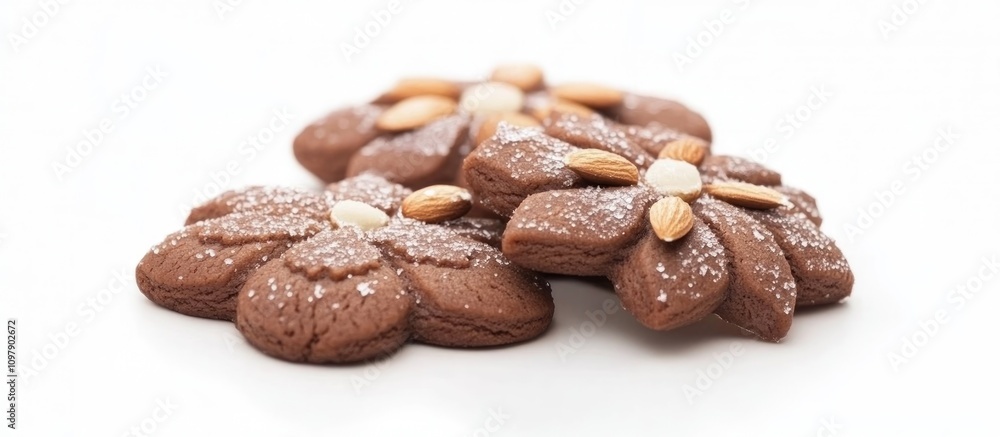 Obraz premium Close up of traditional Christmas cookies decorated with almonds on a white background showcasing festive holiday baking details