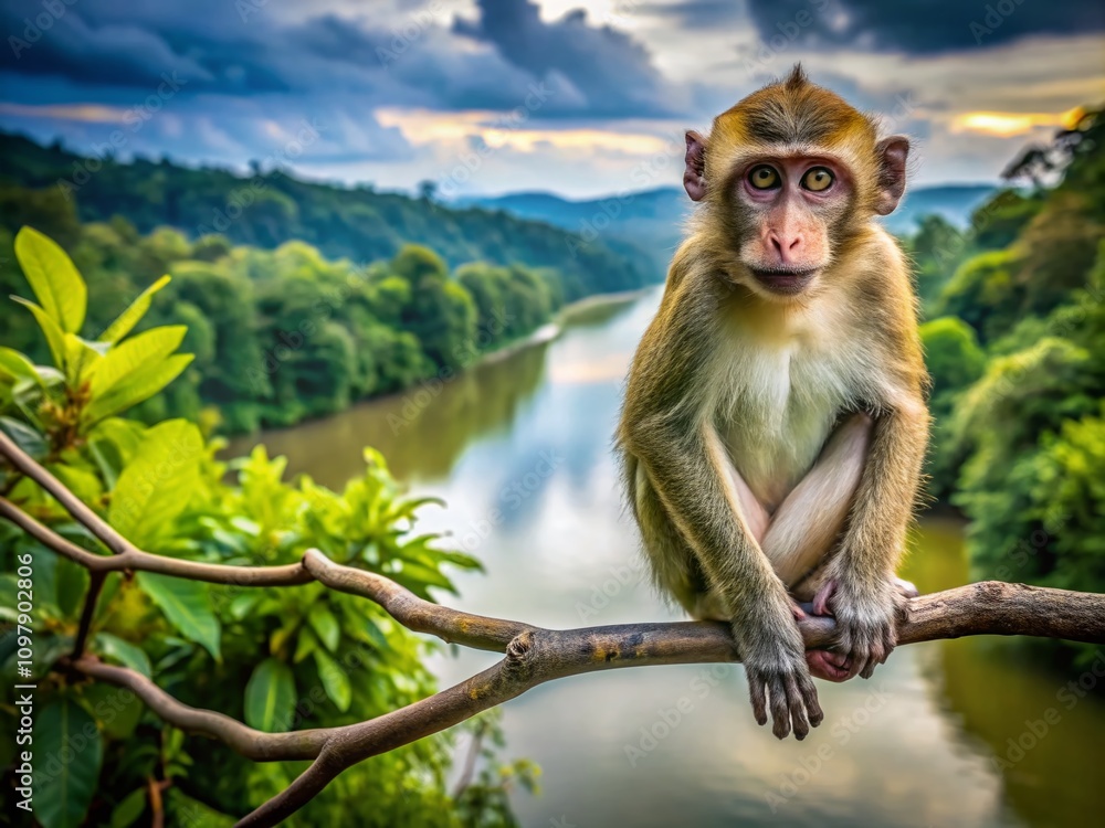 Naklejka premium Juvenile Long Tailed Macaque Gazing Intently from a Tree Overlooking the Kinabatangan River in Sandakan, Sabah, Borneo, Captured Through Stunning Drone Photography