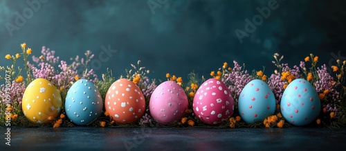 Vintage Easter backdrop with beautifully painted eggs and delicate flowers against a dark textured background showcasing a festive atmosphere