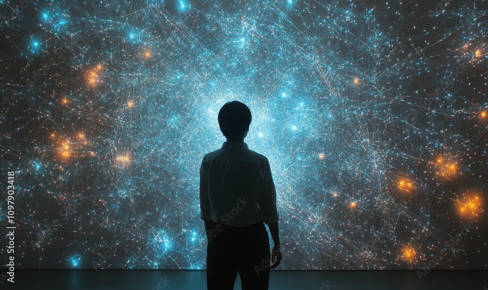 Fototapeta premium Person silhouetted, gazing at vibrant network display.