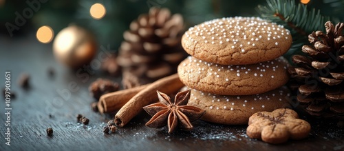 Christmas gingerbread cookies decorated with spices and pinecones on a rustic wooden table surrounded by festive holiday decorations