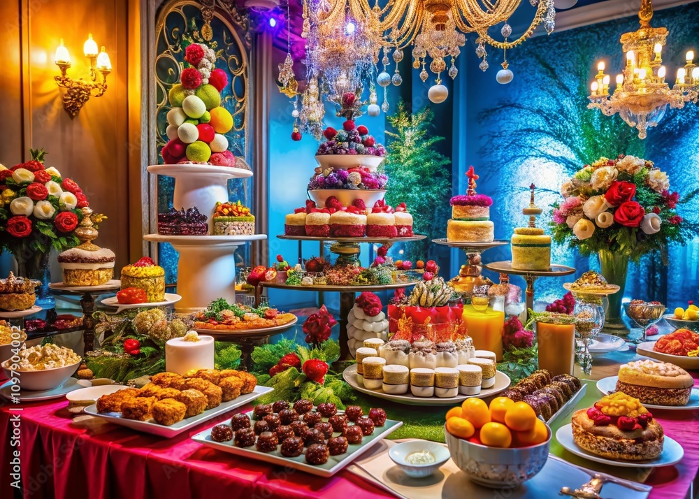 Lavish Dessert Table with Assorted Pastries, Sweets, and Drinks for a Festive Gathering Filled with Colorful Treats and Elegant Decor Lavish Dessert Table with Assorted Pastries, Sweets, and Drinks for a Festive Gathering Filled with Colorful Treats and Elegant Decor