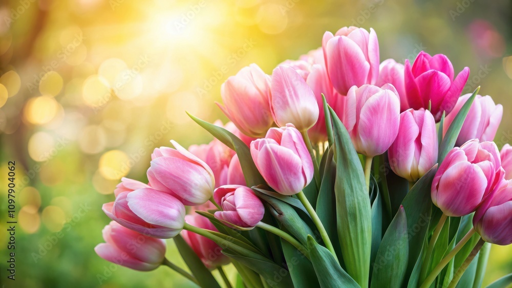 Obraz premium A bouquet of pink tulips in soft focus with a sunlit background and bokeh effect.