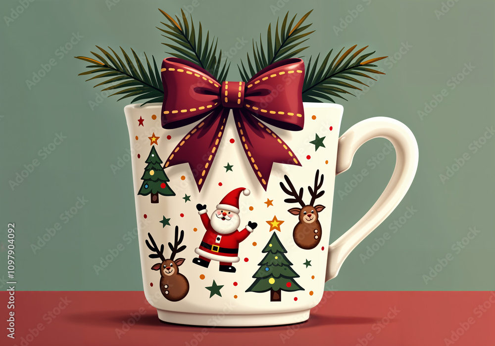 Fototapeta premium Playful Christmas Mug with Vibrant Burgundy Bow Beautifully Illustrated in Smooth Flat Art Style