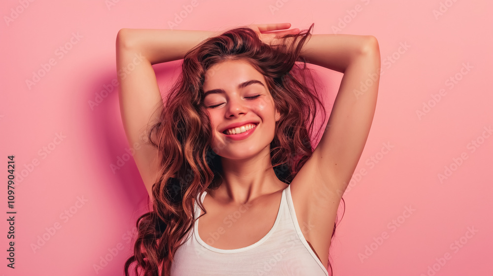 Photo of a joyful young woman enjoying her weekend, with a good mood, isolated on a pastel pink background. Photo of a joyful young woman enjoying her weekend, with a good mood, isolated on a pastel pink background.