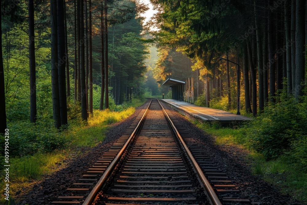 Obraz premium Tranquil railway tracks through lush forest at sunrise near a quiet station