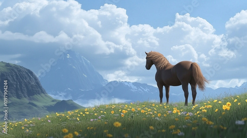 Icelandic Horse in Rugged Landscape with Wildflowers and Mountains