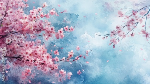An enchanting watercolor painting showcasing a lush Sakura landscape.