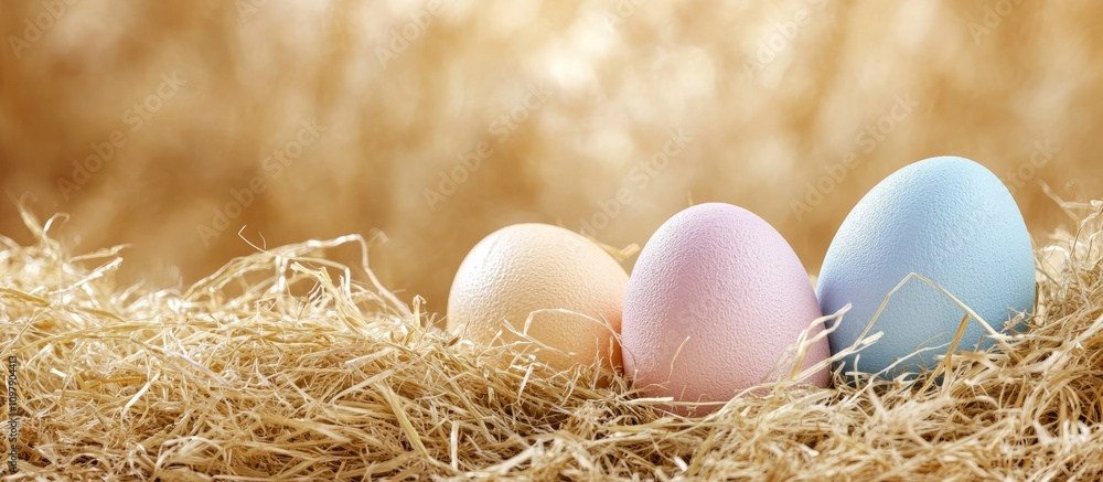 Pastel colored Easter eggs nestled in hay showcasing a festive spring theme ideal for holiday celebrations and decoration concepts Pastel colored Easter eggs nestled in hay showcasing a festive spring theme ideal for holiday celebrations and decoration concepts