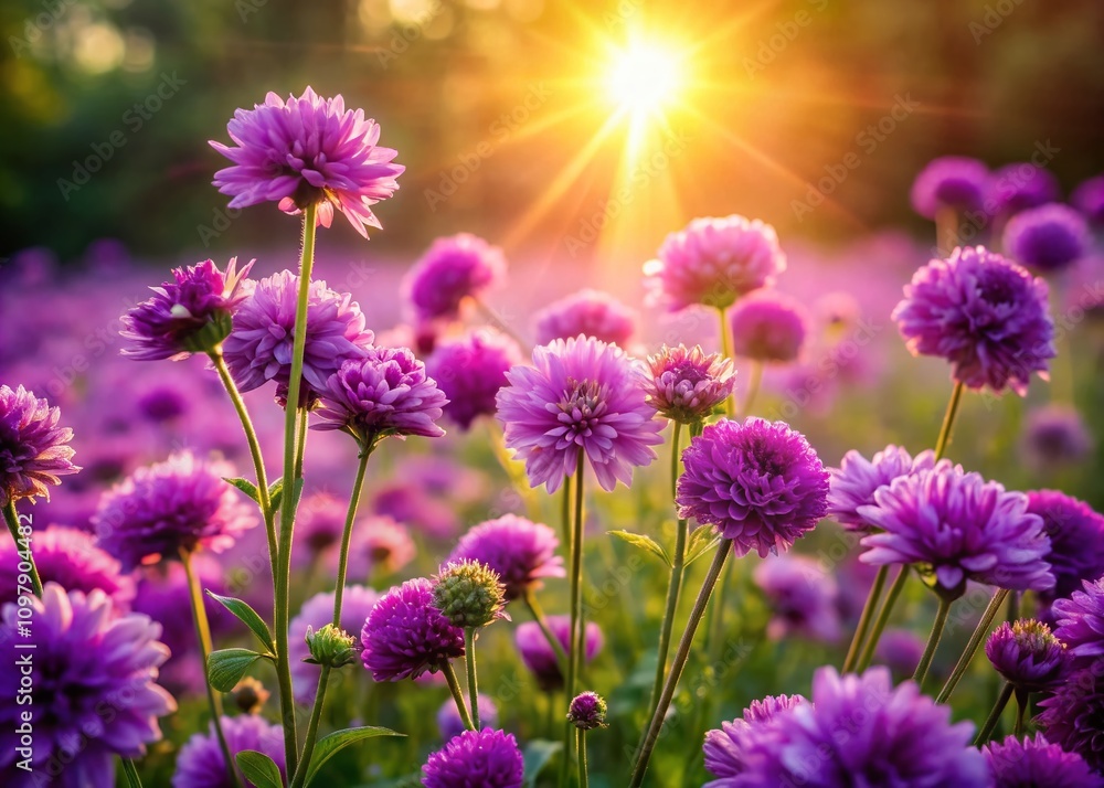 Fototapeta premium Lila Blühende Blume im Detail - Einmalige Nahaufnahme eines Blumenfeldes mit lebendigen lila Blüten, die in der Sonne erstrahlen, ideal für botanische und florale Themen