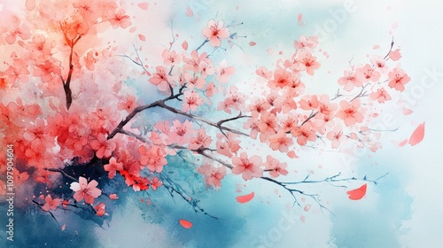 An enchanting watercolor painting showcasing a lush Sakura landscape.