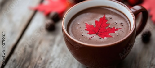 Cozy cup of hot chocolate adorned with a red maple leaf on rustic wooden table highlighting fall themes and warm beverage aesthetics photo