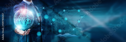 Hand touching with global network connection on technology, innovation, AI, automation, data, and future trends—bridging Human Resources Tech with a futuristic vision.