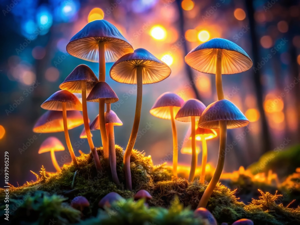 Fototapeta premium Long Exposure Capture of Diverse Mushroom Silhouettes in Unique Artistic Styles Against a Dreamy Background of Soft Light and Blurred Colors for Nature Lovers
