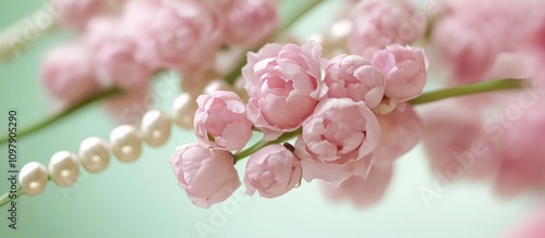 Wallpaper Mural Delicate pink flowers in bloom with soft green background and elegant pearl accents enhancing the natural beauty of springtime flora. Torontodigital.ca