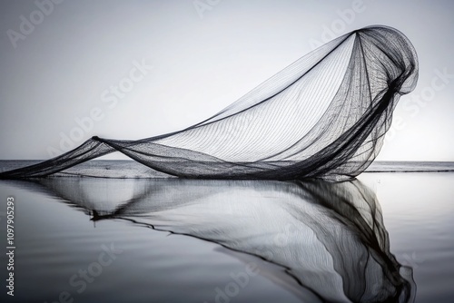 Long Exposure Capture of Black Fishing Net Silhouette Isolated on White Background, Perfect for Nature, Fishing, and Artistic Photography Themes photo