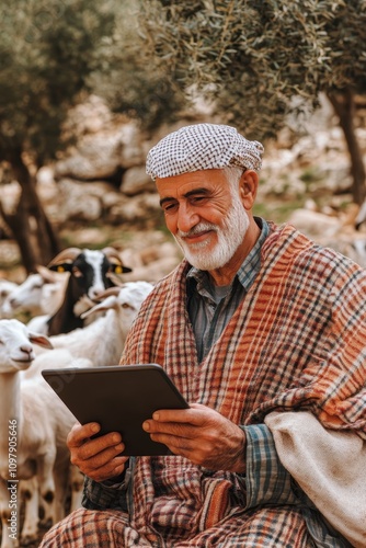 Shepherd with Tablet, Modern Technology in Traditional Farming, Digital Agriculture in Action