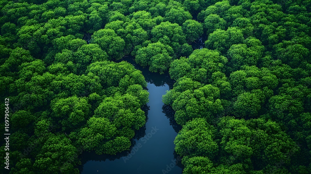 Naklejka premium Lush green canopy with a winding river amidst dense forest.