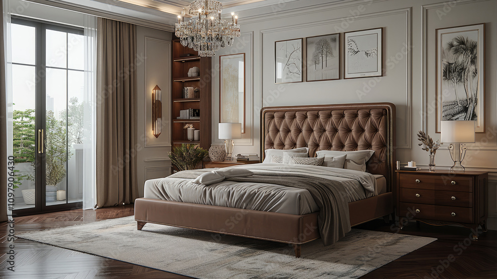 Large and luxurious bedroom with a brown bed frame, white walls, beige curtains, dark wood floor, light-colored carpet on the ground, a chandelier hanging from the ceiling. Large and luxurious bedroom with a brown bed frame, white walls, beige curtains, dark wood floor, light-colored carpet on the ground, a chandelier hanging from the ceiling.